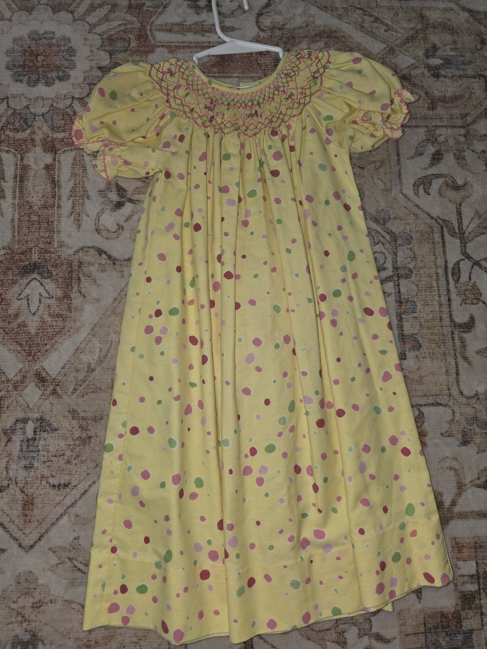 Girls' Yellow Smocked Dress with Pink & Green Dot Print